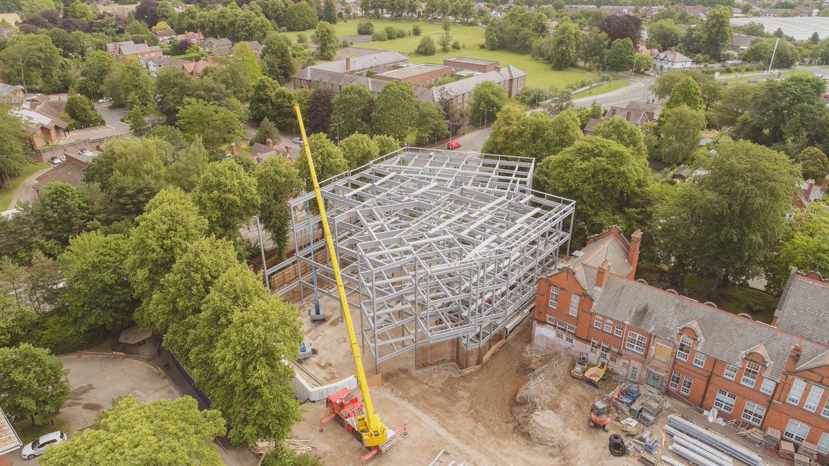 The latest drone images of Yale Campus Redevelopment Phase 2 in #Wrexham look fantastic! 
The site team has made amazing progress with the steel structure. 👀🏫
The @colegcambria development will become a state-of-the-art centre for health and social care education.