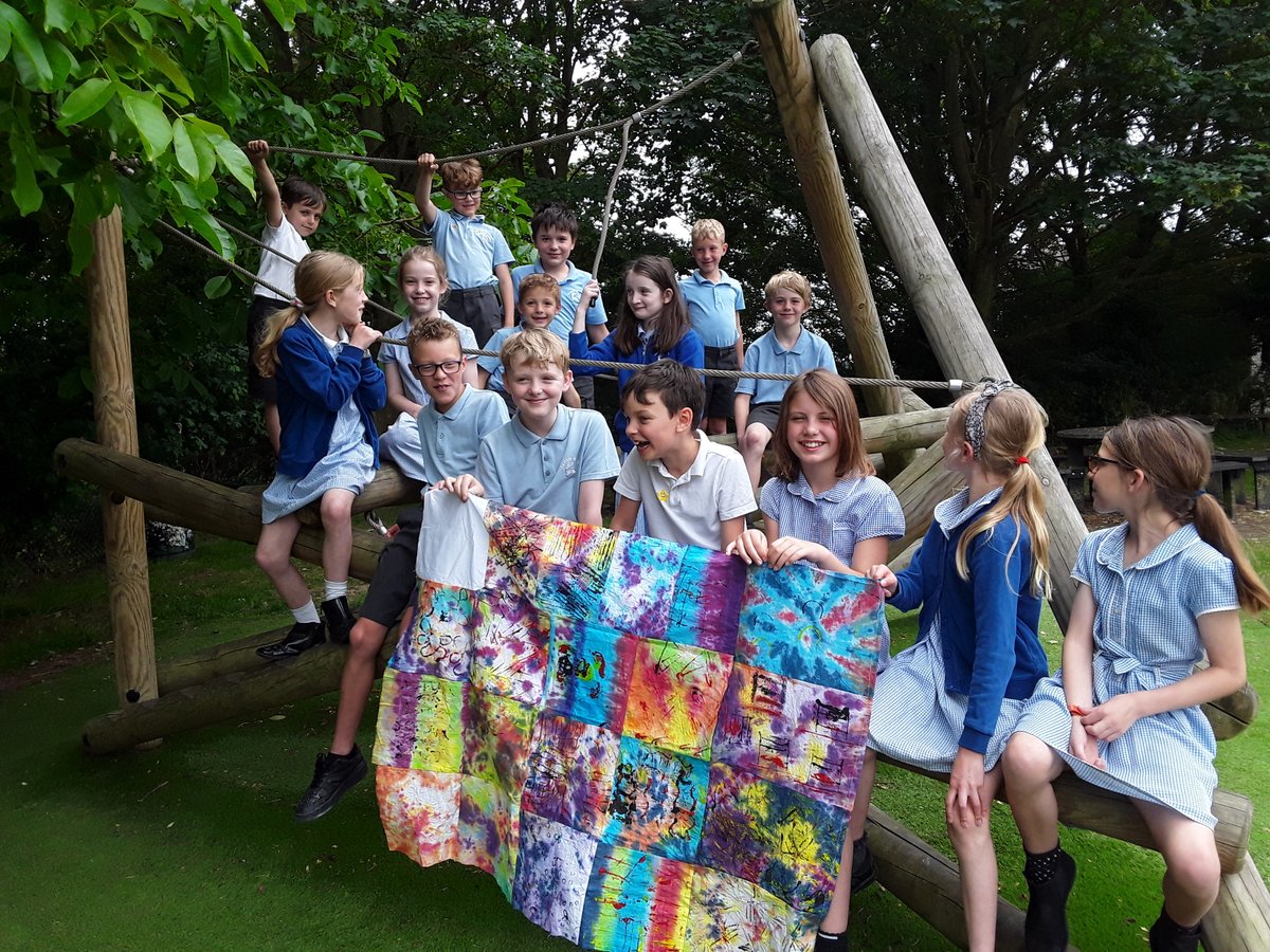 HartestSquirrel's tweet photo. Squirrel Class showing the completed tie dye project very kindly sewn together by Tabi's Bunty (Grandma) @HartestPrimary https://t.co/BHOOLCXeLd