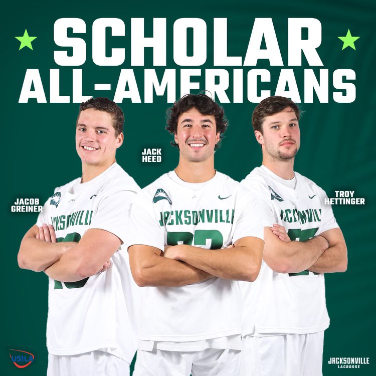 Congratulations to Jacob Greiner, Jack Heed and Troy Hettinger for earning USILA Scholar All-American honors. 👏📚

#WTD88 x #JUPhinsUp