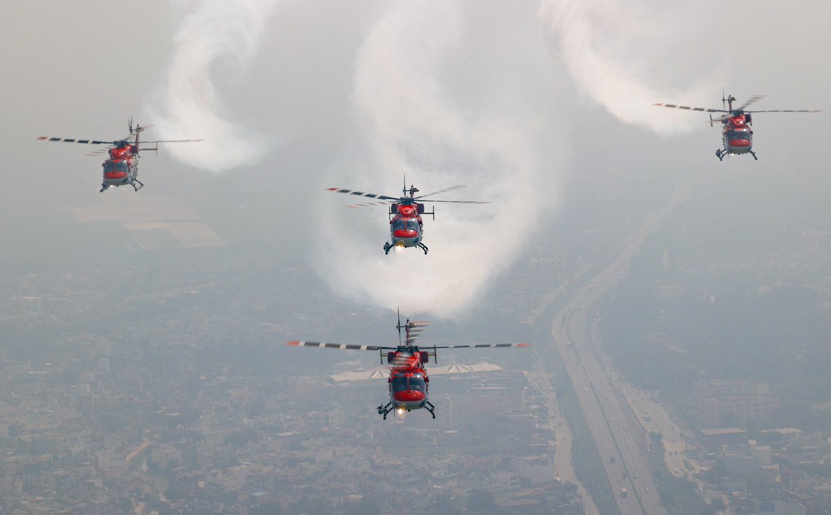 Formation Friday! 📸: @pho_toky #Sarang #IAF #formation #flying #TeamIndia #Reds #daredevils #Twitter #FridayFeeling #weekendmood #helicopter #Pilot #aviationlovers #aviation #avgeeks @IAF_MCC