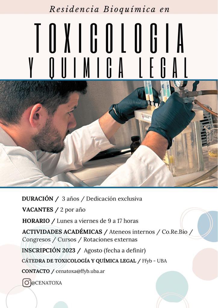 iiivalentina's tweet photo. Residencia Bioquímica en Toxicología
Para bioquímicas y bioquímicos de todo el país
Vacantes: 2 por año
Duración: 3 años
Dedicación: full time, lunes a viernes de 9 a 17 h
Inscripción: agosto 2023
Más información sobre requisitos y condiciones de ingreso: cenatoxa@ffyb.uba.ar https://t.co/MLzdlfxk5O