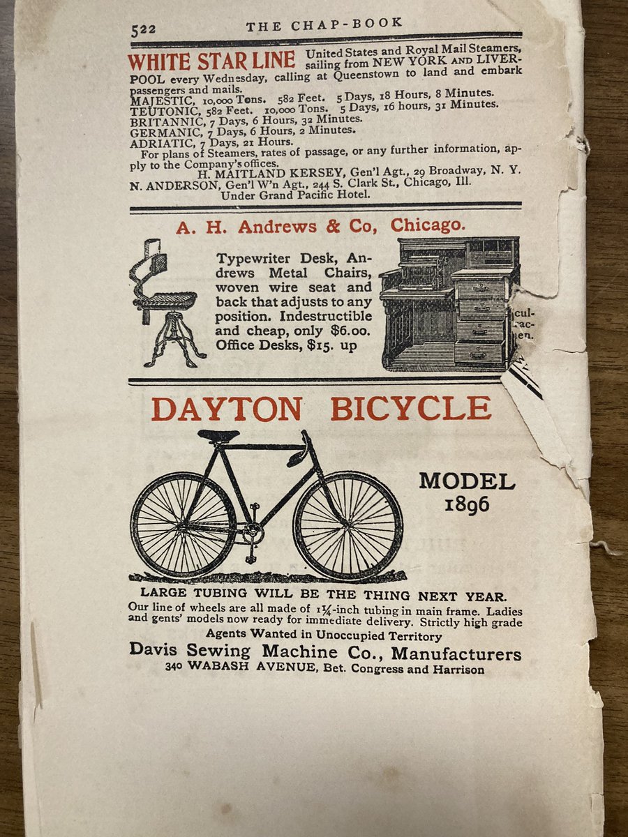 Also, because I have bikes on the brain for some reason, check out these ads in the Chap Book, at the height of the first bike boom. No idea what they would think of the 4” tires on a fat bike.