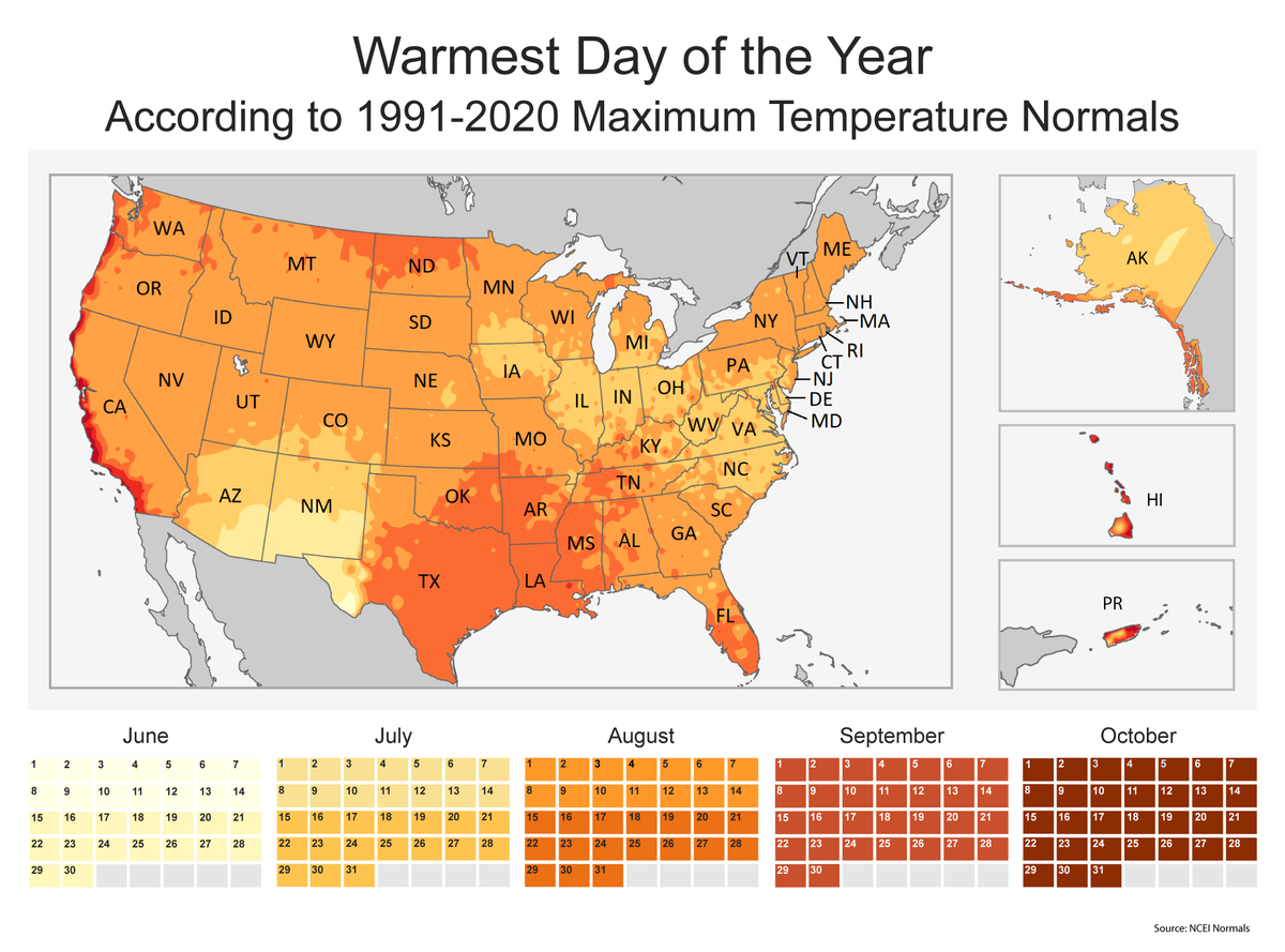 NOAANCEI's tweet photo. ☀️ The #SummerSolstice just whizzed by &amp; we’re officially in the midst of summer! While enjoying the long sunlit days, you may be wondering when the #WarmestDay of the year typically is for your location. See our updated maps &amp; the average for your city: https://t.co/3f0DHiJBOV https://t.co/z6Vch9lSpP