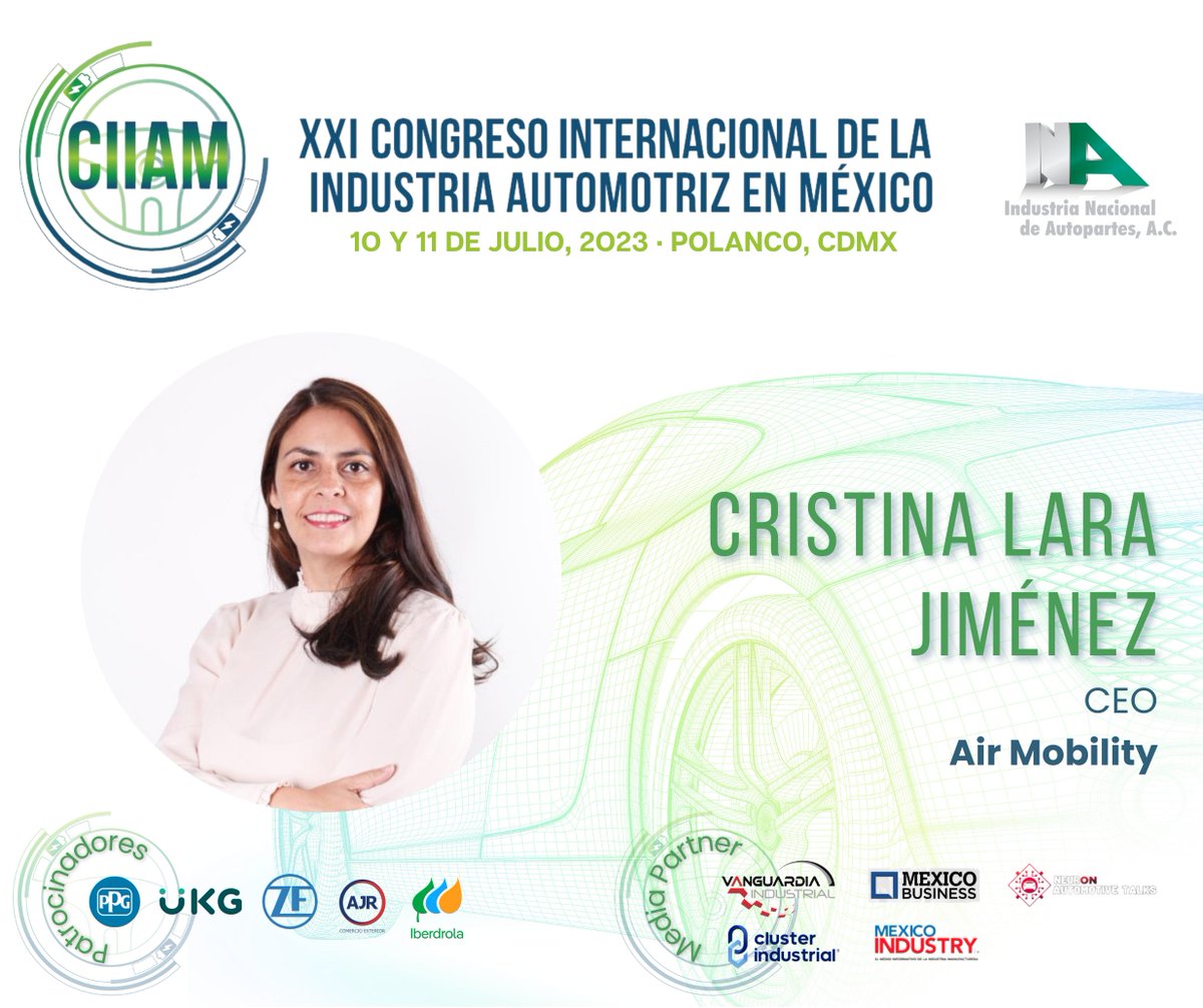 inaoficialmx's tweet photo. #CIIAM2023 ⚙️🚙💡🌿🚌 @CIIAMMX 

Cristina Lara, CEO de @airmobimx empresa 100% mexicana que surgió para promover la movilidad aérea urbana, nos acompañará en el panel: “Electromovilidad aérea: La siguiente frontera”.

🗓️ Julio 10-11
📍CDMX

Registro 👉 https://t.co/IY3Cx2BzOG https://t.co/IG9FBca642