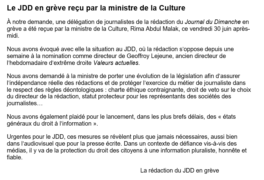 Le JDD en grève reçu par la ministre de la Culture