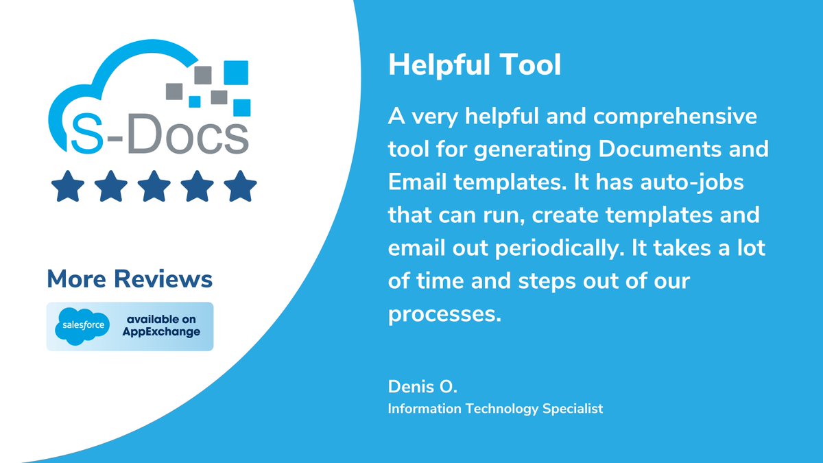 Sdocs's tweet image. We 💙 hearing from our incredible customers - thanks for the great 5⭐ review!

Find out how others are achieving success with S-Docs on #AppExchange: sforce.co/3NSDGYu