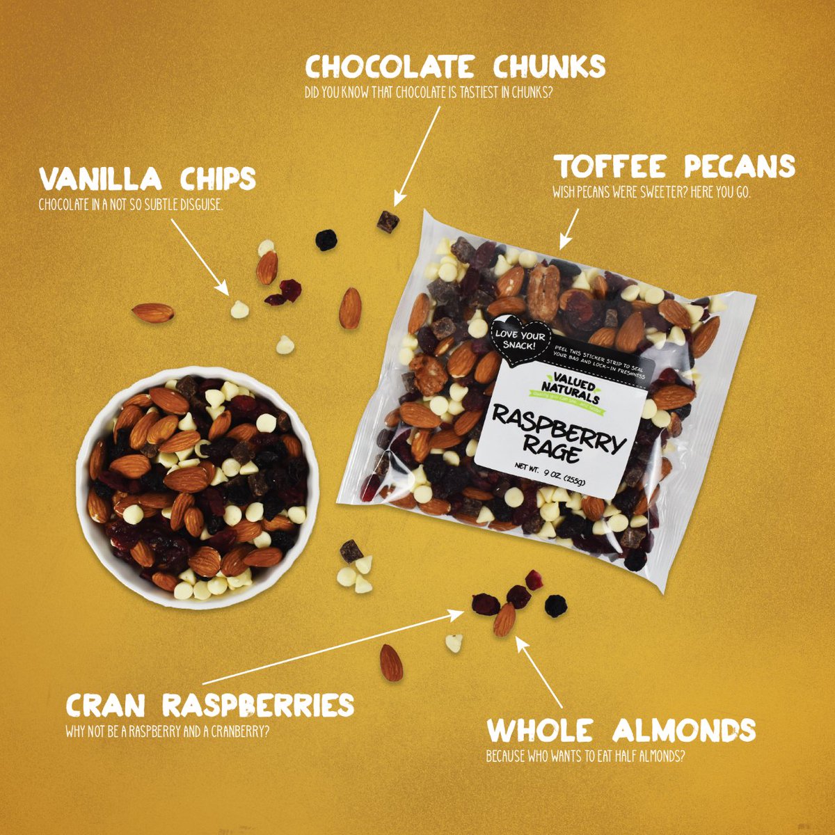 Can you break down the anatomy of our Raspberry Rage Mix?

This blend is a mix of sweet chocolate chunks, toffee pecans, cran raspberries and almonds for a much needed crunch!

#raspberry #almonds #valuednaturals #chocolate #snackmix #snacks #fridayfeature