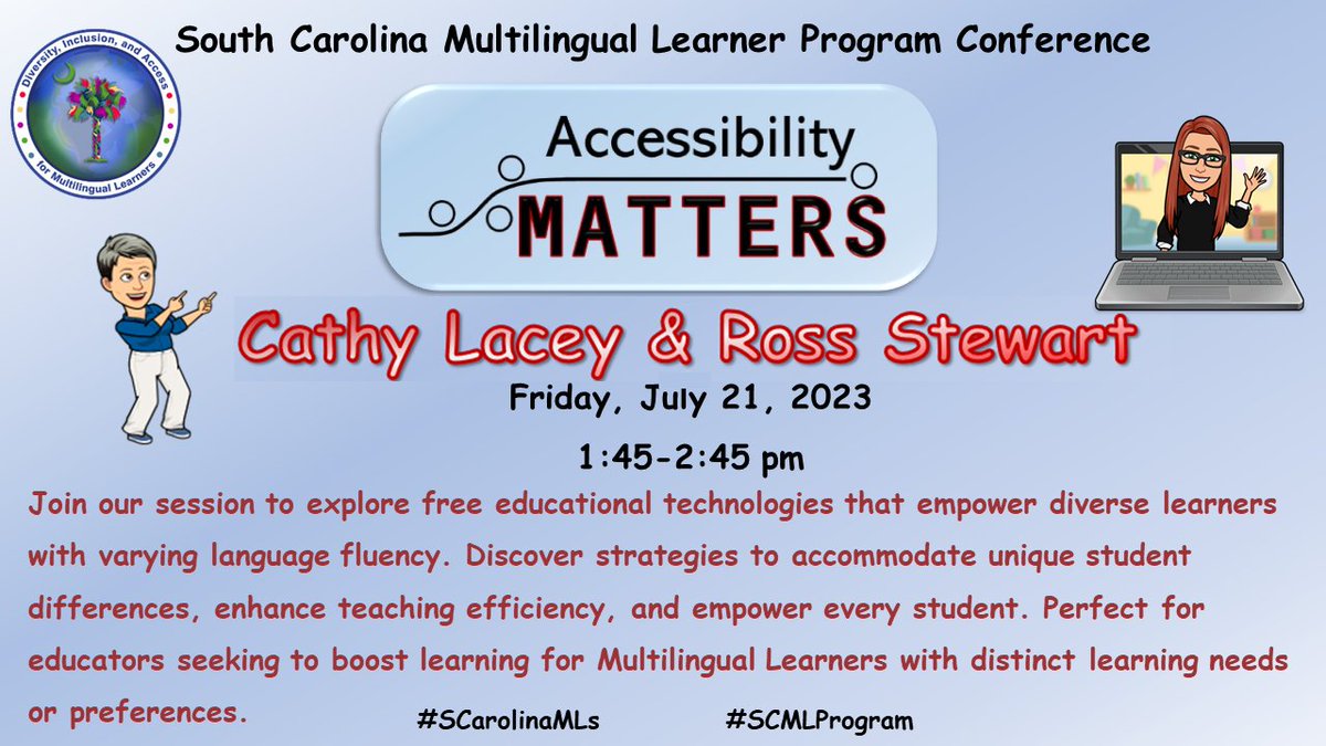 CathleenLacey's tweet image. Empower your Multilingual Learners and simplify your tech experiences, regardless of your expertise level. Let us guide you through it!
Register for the free #SCMLProgram here: lnkd.in/guQs8XHJ
#SCarolinaMLs #MultilingualLearner #MPLTeacher #AccessibilityMatters #EdTech
