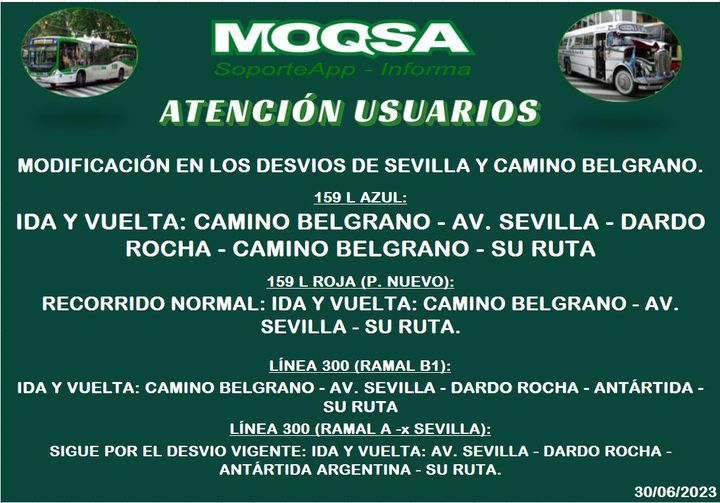 ATENCIÓN:
#Línea159 - Ramales L (Azul y Roja -P. Nuevo)
#Línea300 - Ramal B1.
Modificación desvio vigente por obras en Camino Belgrano.
L Roja P. Nuevo regresa a su recorrido habitual.
