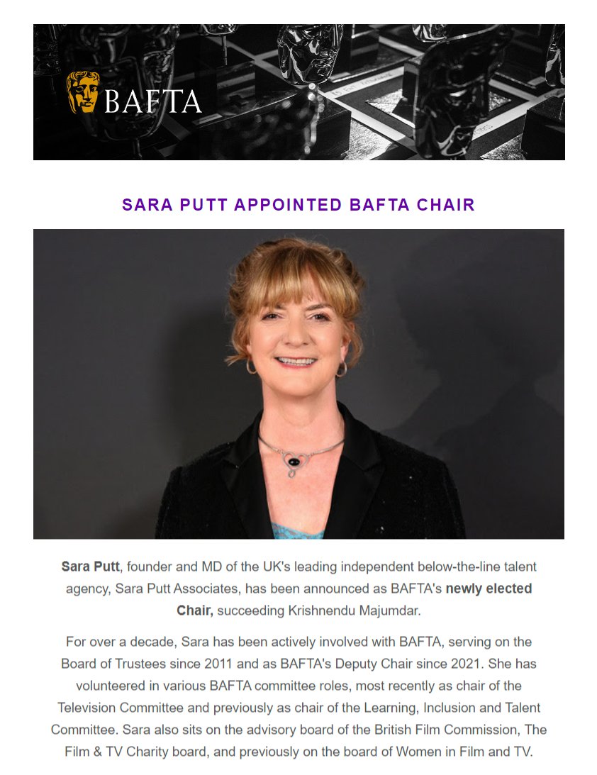 Congratulations to <a href="/SaraPutt/">Sara Putt</a> @SaraPuttAssoc for being the chair of <a href="/BAFTA/">BAFTA</a>. I have known Sara to be incredibly passionate about the industry, a great champion with a deep care for freelancers and behind camera talent. #BAFTA