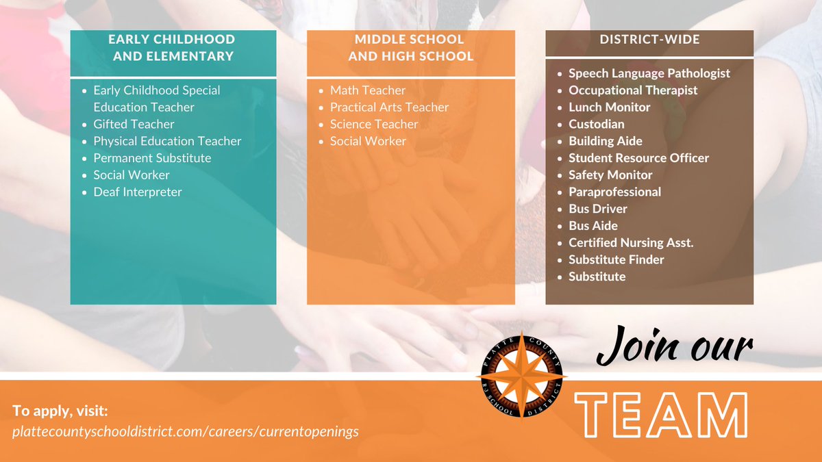 Come join our community, our team, our family, our tradition! We have several opportunities available for the 2023-24 school year. Check out this video from our staff (youtu.be/ASdrCnSVyFQ), then visit: plattecountyschooldistrict.com/careers/curren… to apply.