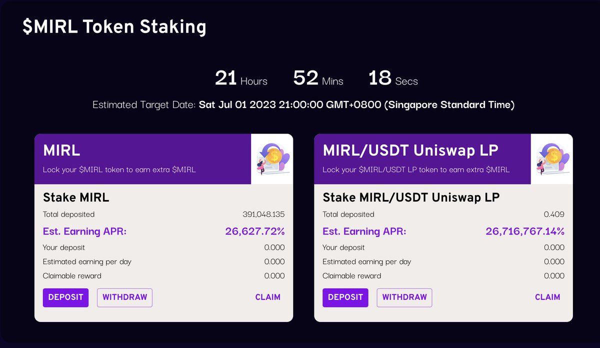 ⏳Less than a day before staking rewards go live! 

🪙Deposit and stake your $MIRL or #MIRL/#USDT #Uniswap LP at staking.mirl.club to receive early boosted yield tomorrow 😋 

Countdown: etherscan.io/block/countdow…