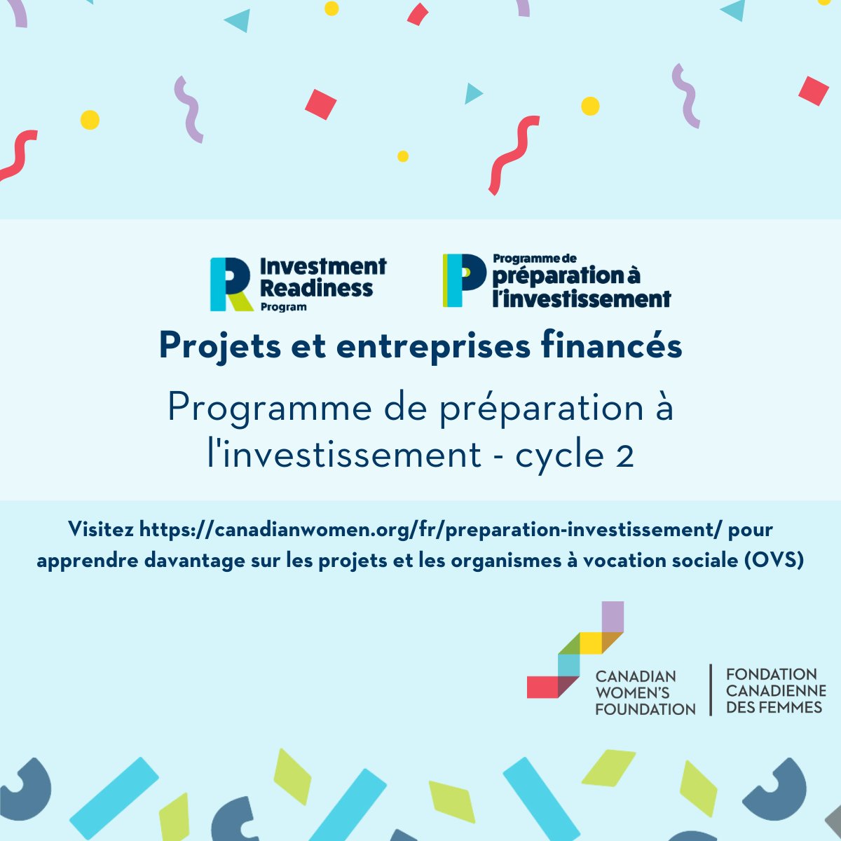 cdnwomenfdn's tweet photo. Nous sommes ravis d’annoncer que 21 organismes à vocation sociale (OVS) ont été financés par le Programme de préparation à l’investissement (PPI) de la Fondation canadienne des femmes. Apprennez davantage sur l’annonce et les 21 OVS !
https://t.co/w0bVwIrvZZ
#ProgrammePI https://t.co/I2mc460oZR