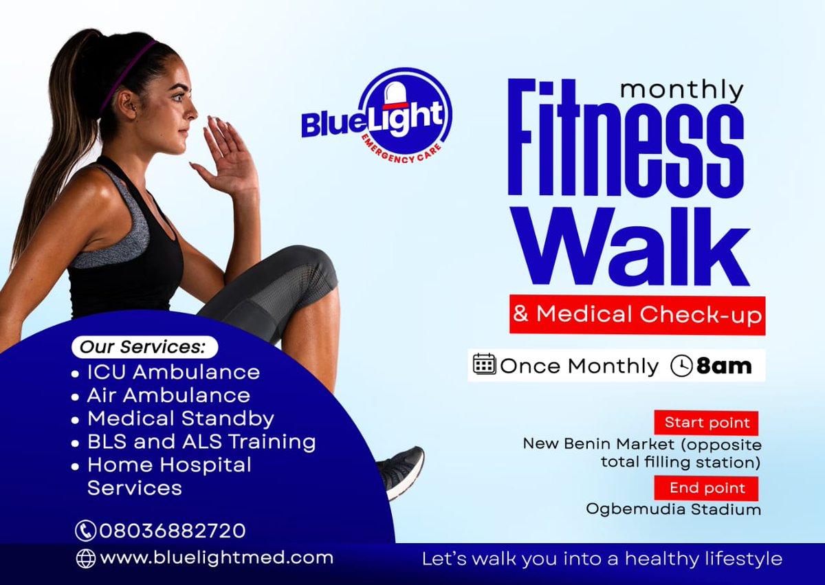 BluelightEMS's tweet photo. If you are in Benin city or have family members in Benin city, join us tomorrow Saturday July 1st for a fitness walk &amp; free medical check up. There's alot to benefit from it.  
Don't miss out!
#bluelightems
#ambulanceservices
#WalkforLife
#keepingfit https://t.co/d3ubWhsVDt
