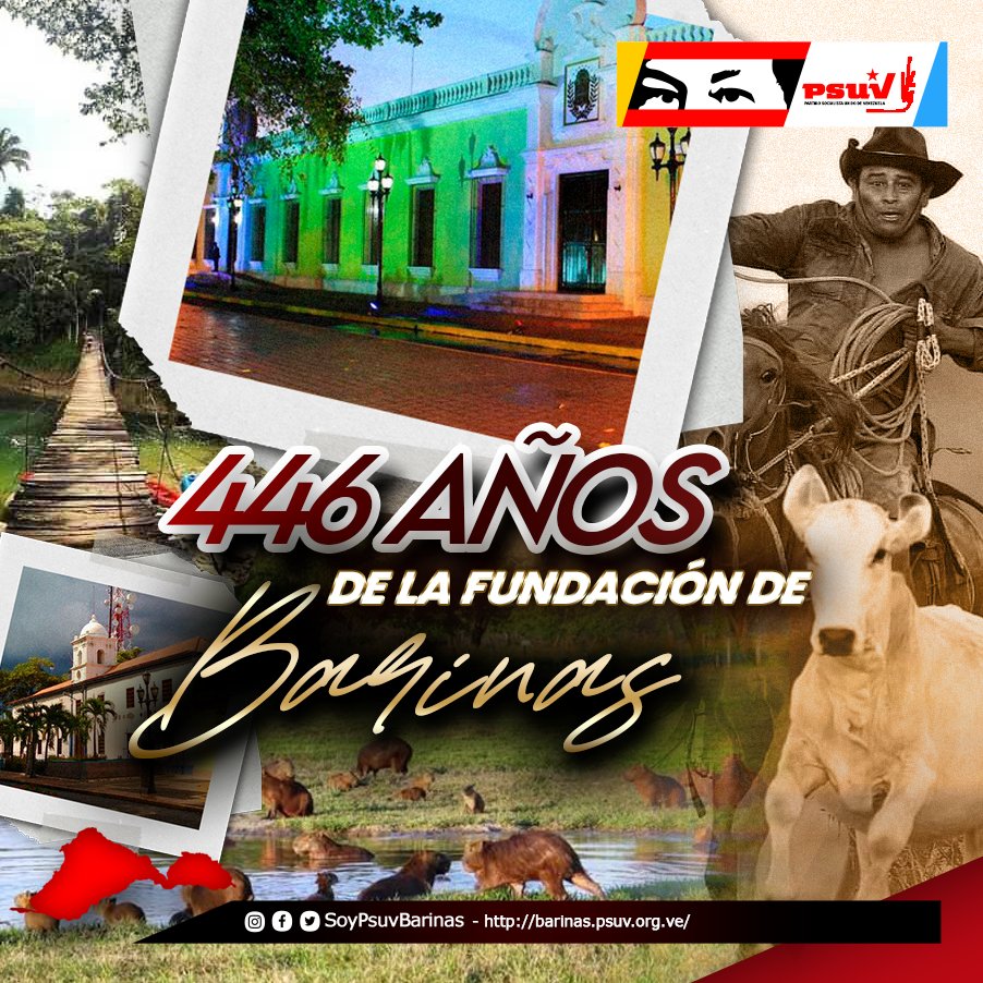 ¡#Barinas se viste de fiesta! Hoy se cumplen 446 años de la fundación de una tierra de hombres y mujeres guerreras.

¡Felicidades Barinas! 🇻🇪✊🏻✊🏽✊🏿

#ForoDeSãoPauloEsIntegración
#PsuvBarinas
#30Jun