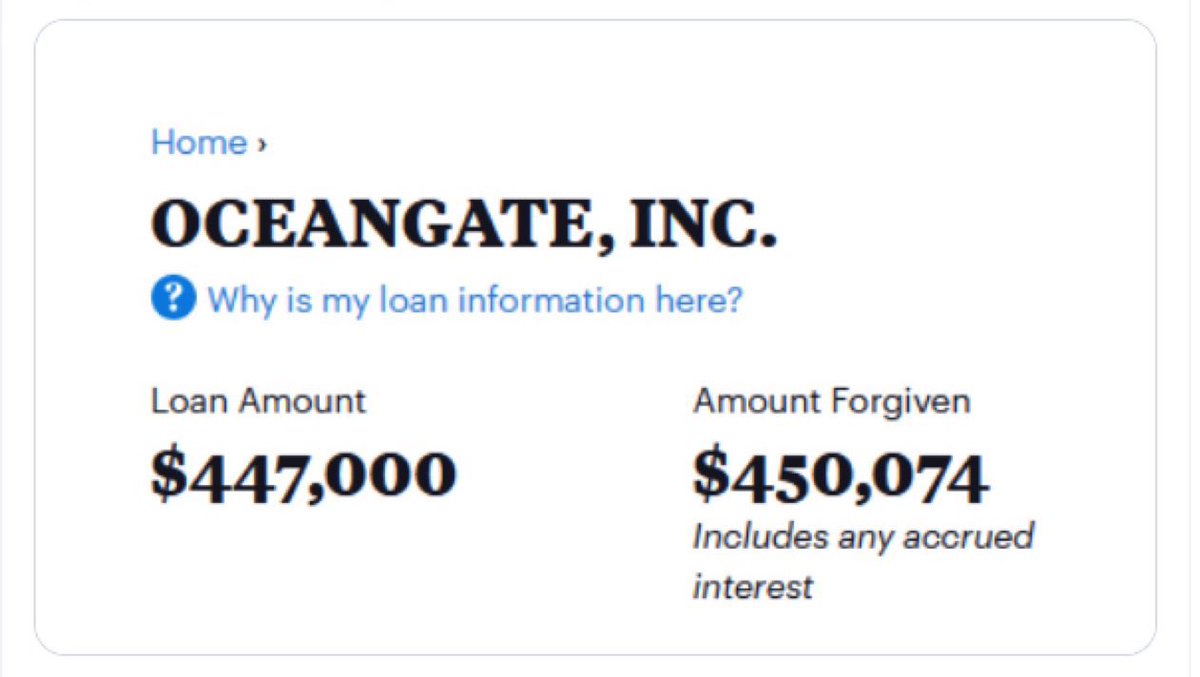 brandon_r_horan's tweet photo. the government had no problem forgiving $450k loans that were handed out to Oceangate.

But they trained you not to call it “socialism” when wealthy people get a handout. #StudentLoanForgiveness https://t.co/q0lp3zumAT