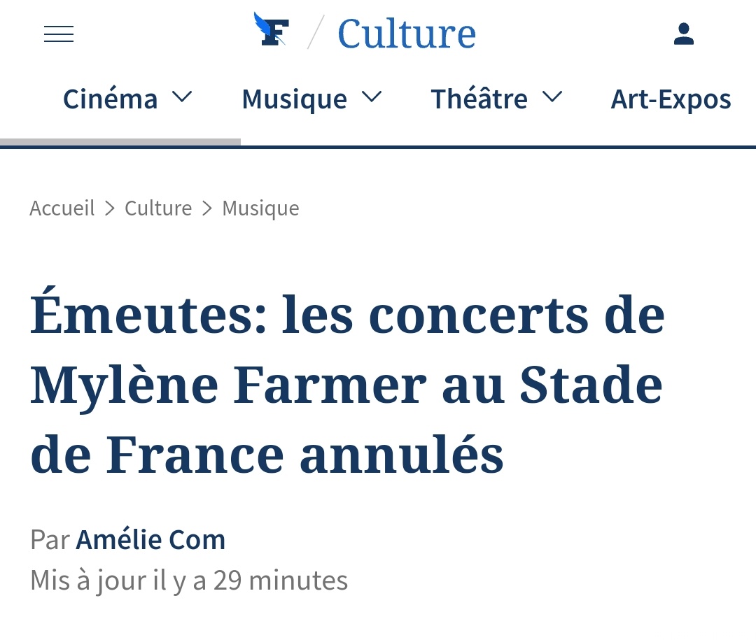 Sanatçı Mylene Farmer'ın Fransa'daki konseri 3 gündür ülkede yaşanan isyanlar sebebiyle iptal edilmiş.

Dün Macron eşiyle Elton John konserinde dans etti bu arada 😃 bakınız şu medeniyet özgürlük ve eşitlik ülkesine aaa Celine sen neyi bekliyorsun canım? 

Cr. LeFigaro