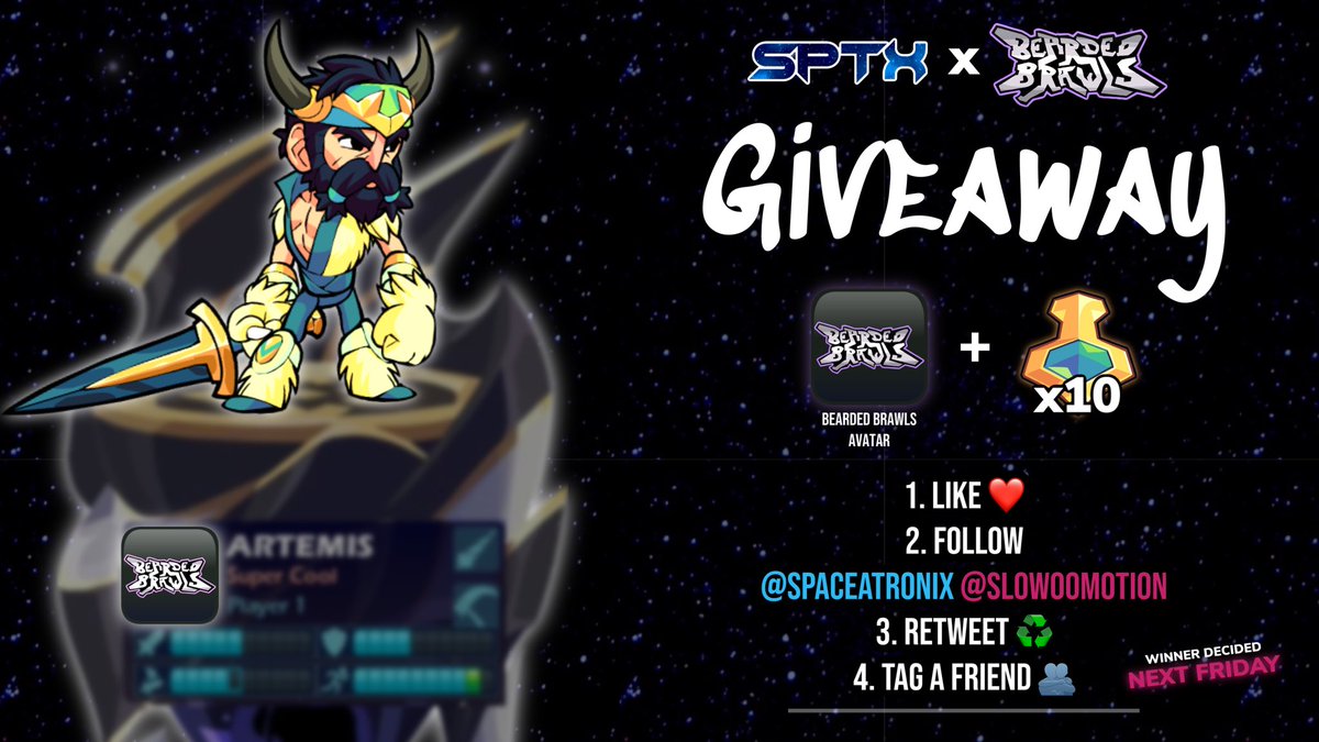 Spaceatronix's tweet photo. Spaceatronix x Bearded Brawls Giveaway! ✨

💰 1x Bearded Brawls Avatar
💰 10x Esports v3s

1. Like ❤️
2. Follow @Spaceatronix &amp; @Slow00Motion ✅
3. Retweet ♻️
4. Tag a Friend 🫂

Make sure to tune in for bearded brawls tonight @ https://t.co/EKQR8j4Ums

#Brawlhalla #Giveaway https://t.co/jSFCblKIQL