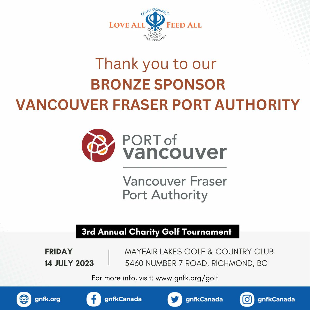 gnfkCanada's tweet photo. We are immensely grateful to @PortVancouver, a bronze sponsor of our 3rd Annual Golf Tournament! 🙏 💙

#CharityGolf #CommunitySupport #GNFKCanada #GNFK #LoveAll #FeedAll #Golf #GolfVancouver #MayfairLakeGolf https://t.co/euY94MY6Ls