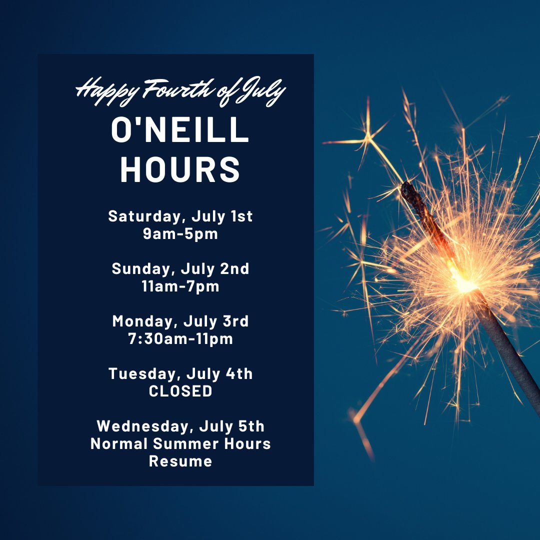 Happy Fourth of July! We wish you all a wonderful holiday weekend. O'Neill will be open throughout the weekend, except for the Fourth. #bclibraries