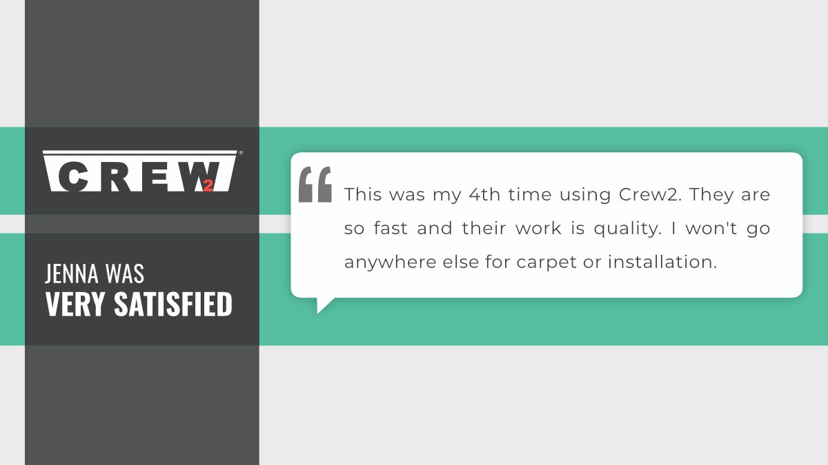 It's our honor to share this #ReviewOfTheWeek from Jenna. This marks her 4th time choosing Crew2 and THD for carpet installation. Thank you for your continued trust and the recognition of our speedy and quality service. We're committed to providing the best experience every time!