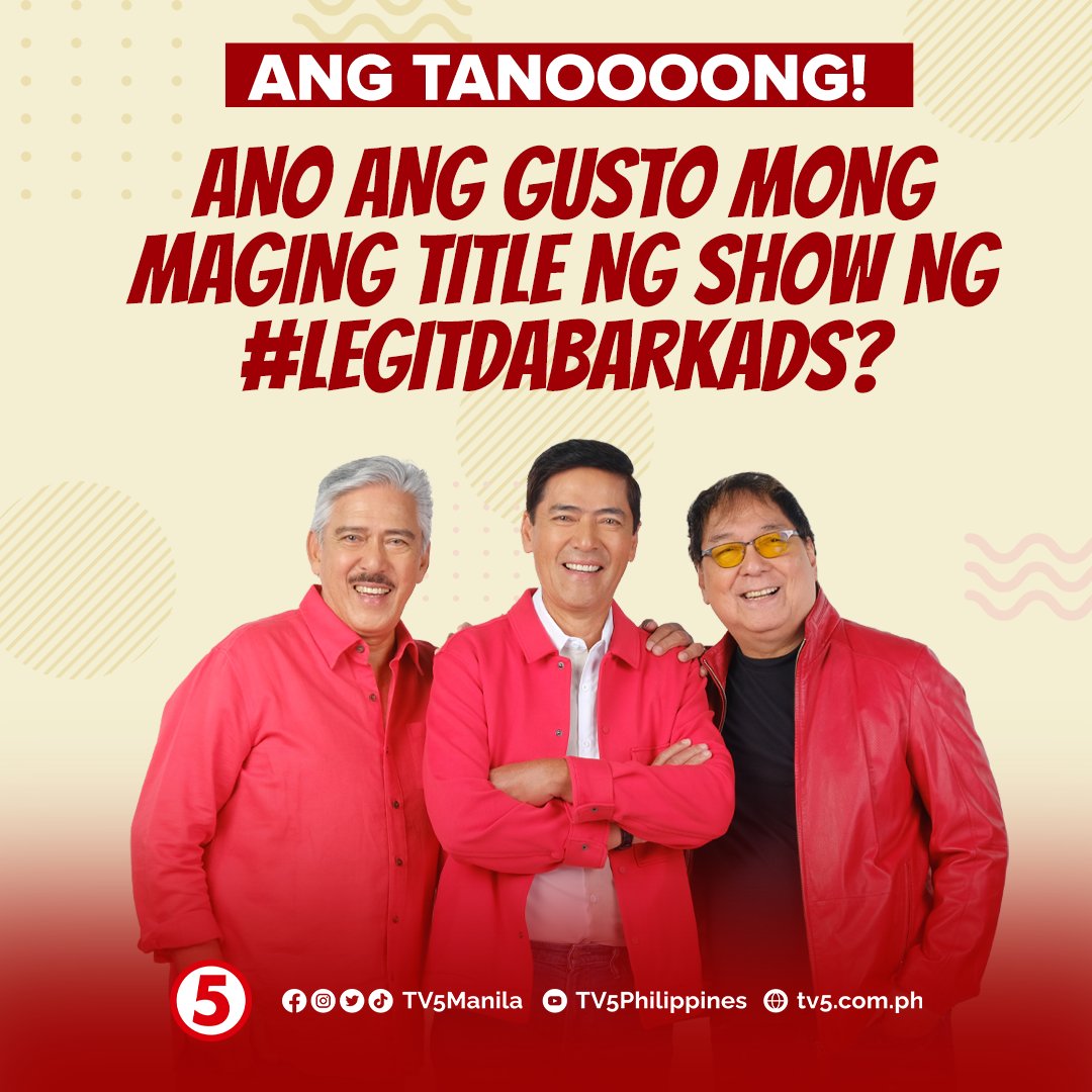 Lapagan na ng ideas, Kapatid and #LegitDabarkads!

Tutok na mamayang 11:30AM sa TV5 at TV5 Philippines YouTube Channel para salubungin sila ngayong Pambansang Araw ng Isang Libo't Isang Tuwa!

#TVJonTV5 #TVJMediaQuest #TVJ #IBAngSayaPagSamaSama #LunchtimeSayaTV5