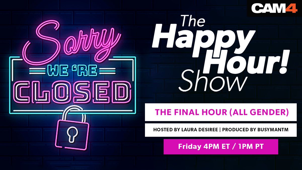 SAVE THE DATE 💦🍺 !!!

Unfortunately todays @CAM4 Happy Hour has been postponed 🥹😭 but have no fear 💋 join us LIVE next week for our final farewell !

“THE FINAL HOUR”

FRI, JULY 7TH
4pm EST - 1pm PST
cam4.com/cam4happyhour 

Hosted by <a href="/TheLauraDesiree/">Laura Desiree</a>
Produced by @BusyManTM