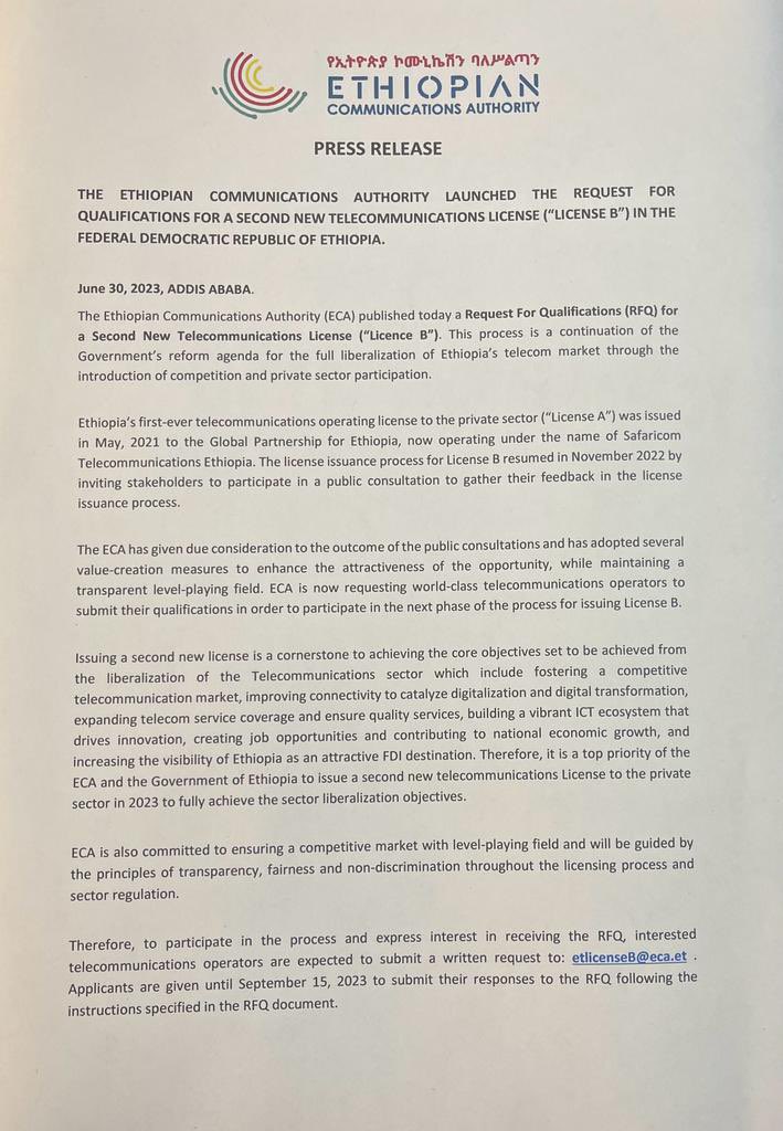 eca_ethiopia's tweet photo. Press Release on Issuance of Request for Qualifications (RFQ) for a Second New Telecommunications License (License B)
#Ethiopia @EthiopianNewsA
https://t.co/gds6FQV2uh https://t.co/jbfEwhkkPK