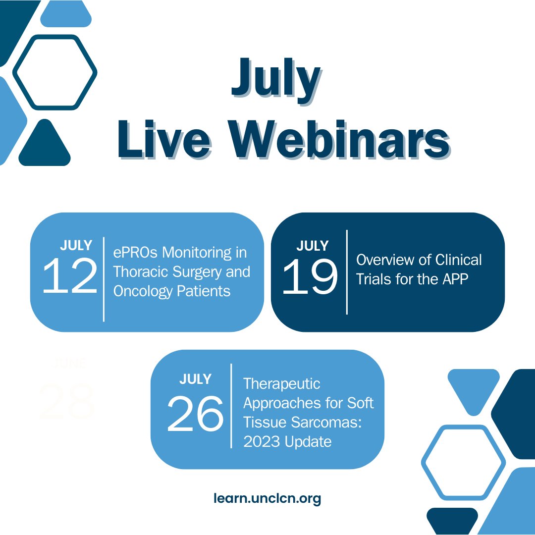 You can register for our July Live Webinars with Free Continuing Education Credit at learn.unclcn.org #OncologyCare #CancerEducation #HealthCare #Lymphoma #Sarcoma #ContinuingEducation