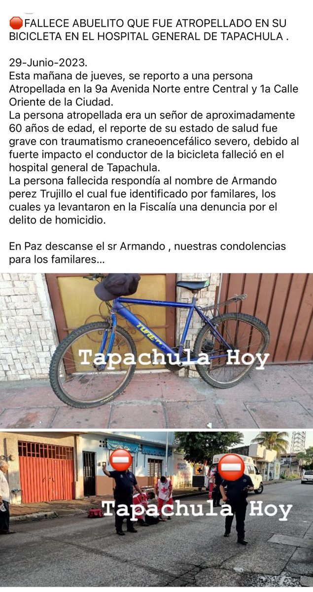 Adan_Velez's tweet photo. Tapachula amanece con una noticia que nos indigna y entristece. Ayer asesinaron a un ciclista de 71 años de nombre Armando Pérez Trujillo mientras se trasladada en su bicicleta, esto es una consecuencia de la ausencia de autoridad y leyes que protegen a los más vulnerables 🧵... https://t.co/4trQ6kWoec