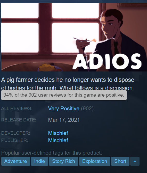 docsquiddy's tweet photo. Hey! I'm Doc and my game Adios, which is about a pig farmer and the hitman who's come to kill him having a conversation, is on sale for just TEN BUCKS! It's never gonna go lower than this!

Look at those reviews! 94% positive! It's short, it's on its best deal ever, and it's good https://t.co/iOnAZZsUzA