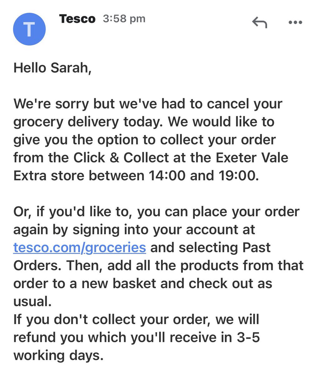Deep sigh.
(I know, first world problem)
No explanation but my weekly @tesco order has been cancelled. I can’t go &amp; collect it (disabled), no slots to rebook for the next 5 days. My sister who would usually help is abroad. 
Oh and they’ll hold onto my £ for 3-5 days 😶
Perfect 🙄