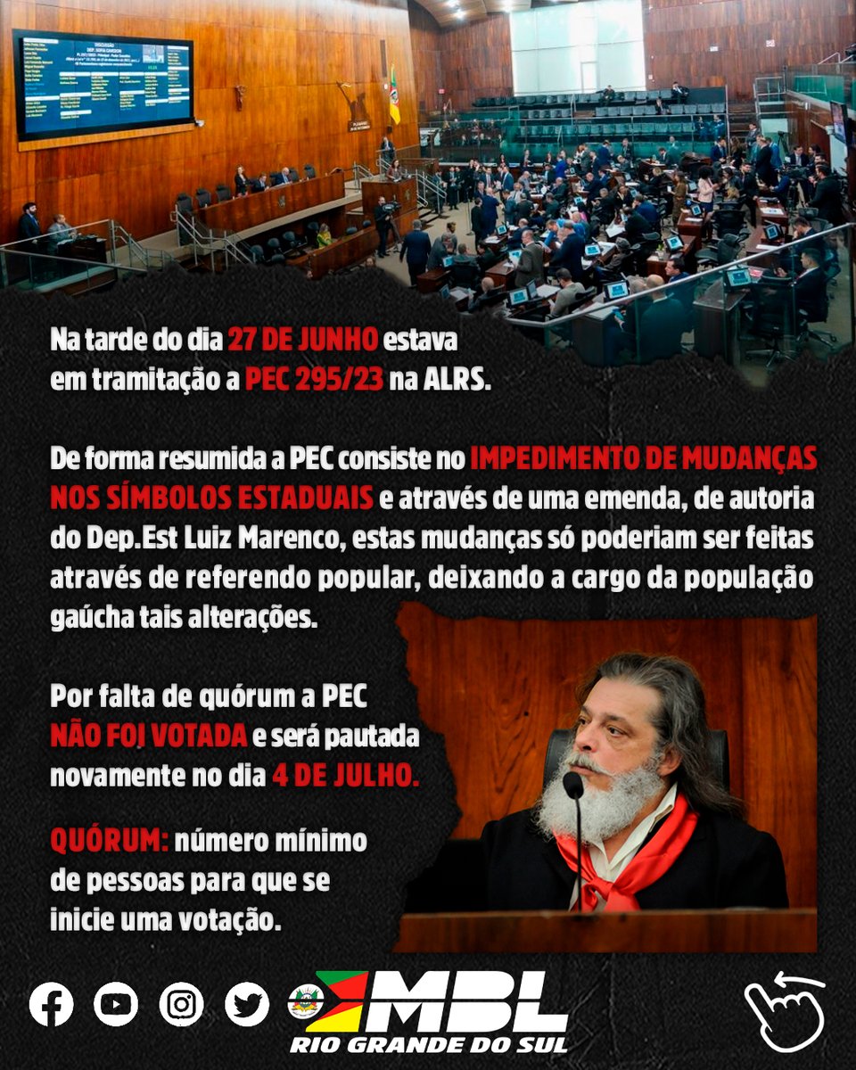 mblivrers's tweet photo. A PEC 295/23 com o intuito de impedir mudanças nos símbolos estaduais, estava em tramitação na ALRS no dia 27/6.

Uma emenda do @LuizMarenco propõe que apenas referendo popular permita tais alterações, dando à população gaúcha o poder de decisão.
#ALRS #PEC295/23 #PopulaçãoGaúcha https://t.co/3asOc6DV0u