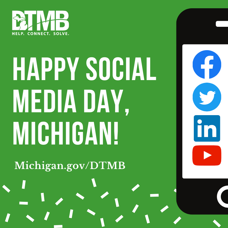MichiganDTMB's tweet photo. #DTMBnewsroom Alert: @migovernment celebrates #Michigan #SocialMediaDay! #SMDayMI Read more: https://t.co/aZNwUGGCb0
Don’t miss out on exclusive content! Follow @MichiganDTMB on Facebook, Twitter, YouTube, and LinkedIn at https://t.co/IZVpDjgNqC. https://t.co/fsGprDGcAs