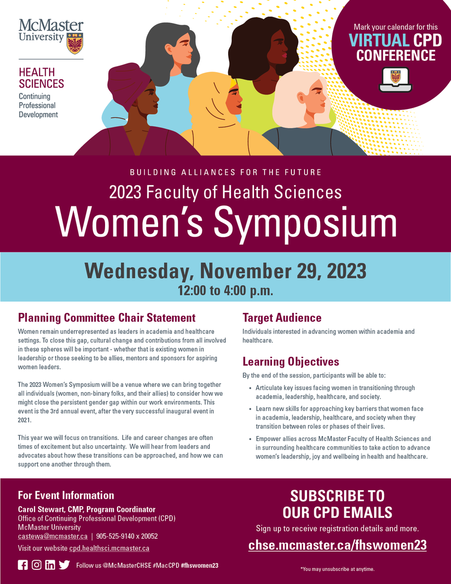 📢 Mark your calendars for Women's Symposium 2023. Individuals interested in advancing women within academia and healthcare, join us Nov 29 for a virtual day filled with empowering discussions, inspiring speakers, and networking opportunities. chse.mcmaster.ca/fhswomen23 #FhsWomen23