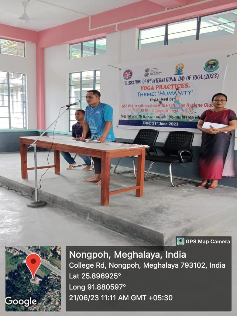 bhoi_ri's tweet image. Celebration of 9th International Day of Yoga 2023 (‘Yoga for Vasudhaiva Kutumbakam') organised by NSS Unit in collaboration with Health &amp;amp;  Hygiene Club, Ri Bhoi College, Nongpoh Yoga Instructor: Mr. Wanshai Lyngdoh21st June 2023
#internationaldayofyoga #ribhoicollege #nssunit