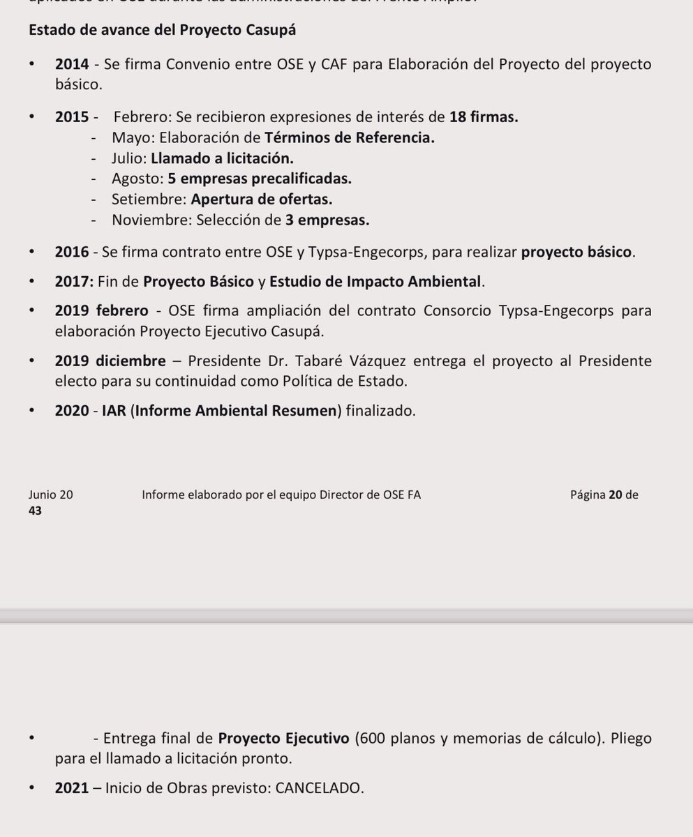 Casupá permitía casi triplicar la capacidad de represamiento de agua con un costo de U$S 80 millones. Estos son los pasos dados desde 2014 para su construcción. La cronología es parte del documento que el FA entregó esta semana al presidente Lacalle Pou.