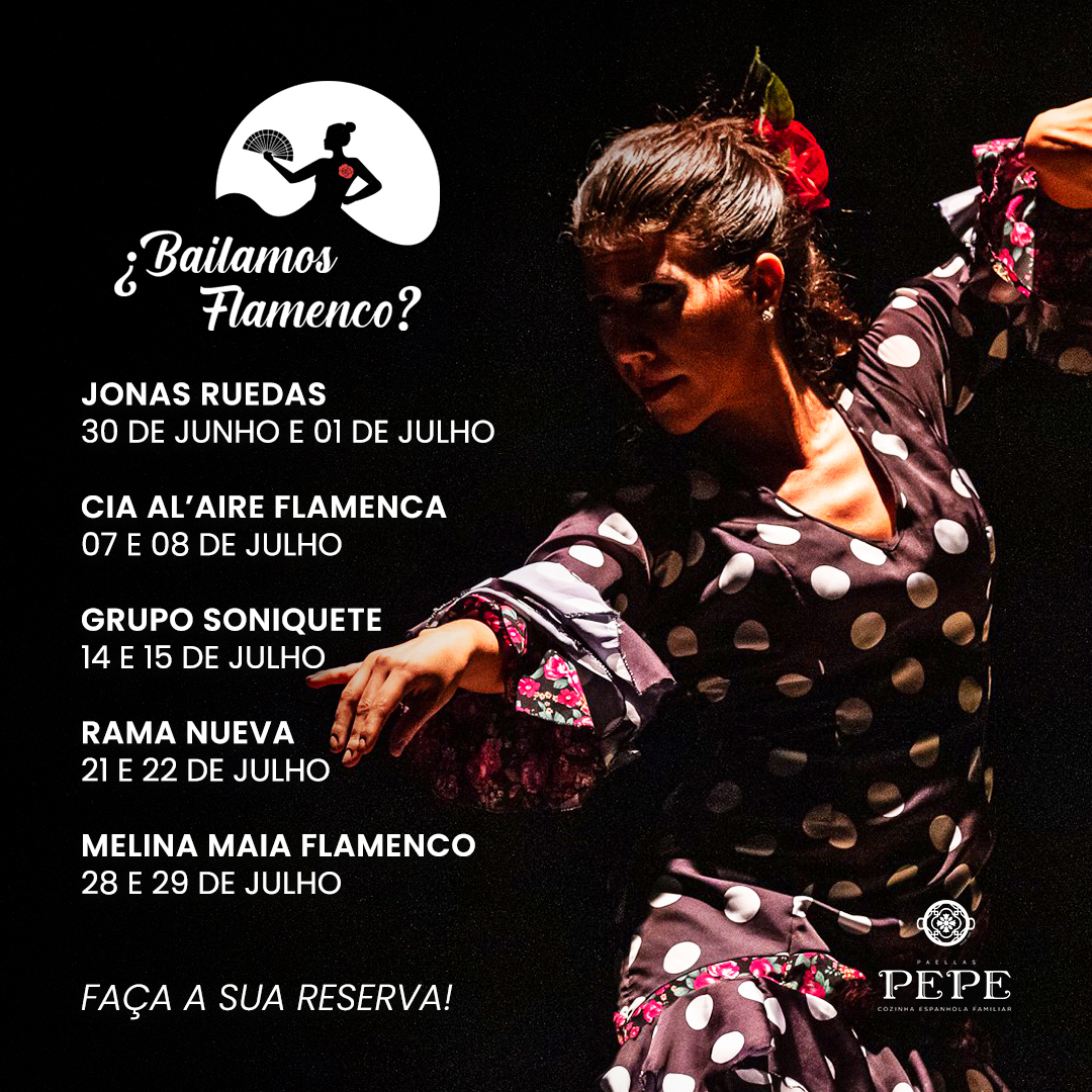 Sinta a energia apaixonante do flamenco em uma noite mágica no Paellas Pepe. Deixe-se envolver pelas batidas fortes, movimentos graciosos e emoções intensas das nossas noites de flamenco. 
.
#flamenco #paella #culturaespanhola #gastronomia #culinariaespanhola #ondecomeremsaopaulo
