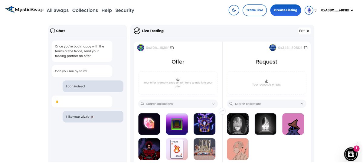 📣 Today, Mysticswap launches our Live Trading platform, powered by @Opensea’s Seaport!

Trade and negotiate with your frens in real-time. Faster, more secure, more social⚡🔏🫧 

Start trading with your frens today with no fees: 
mysticswap.io/live-trade

🧵