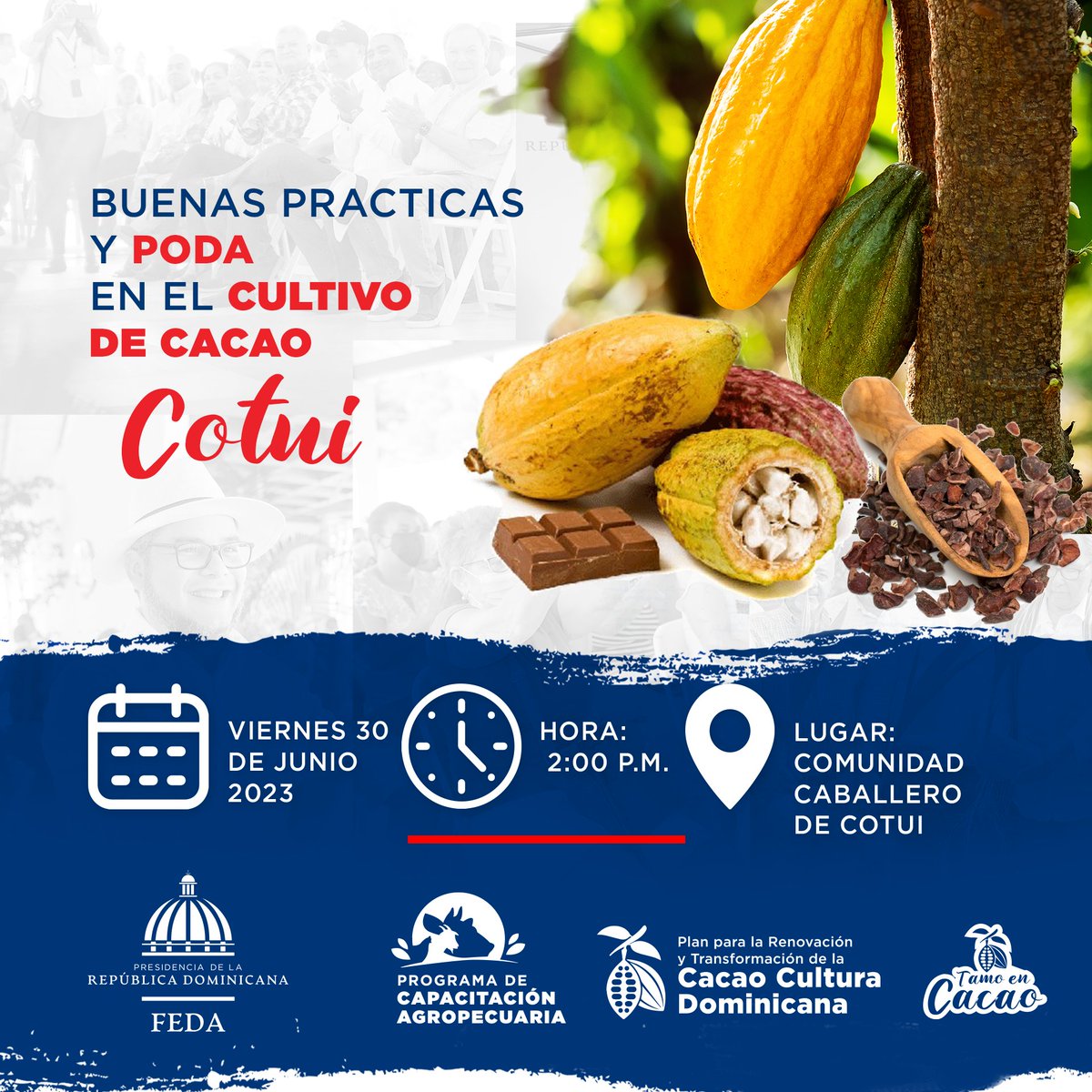 Feda_RD's tweet image. En el día de hoy acompáñanos en el Taller de Buenas Prácticas y Poda en el Cultivo de Cacao, en la comunidad Caballero de Cotuí, a partir de las 2:00 PM.

¡Te esperamos!

#fedard #tamoencacao #cotuí