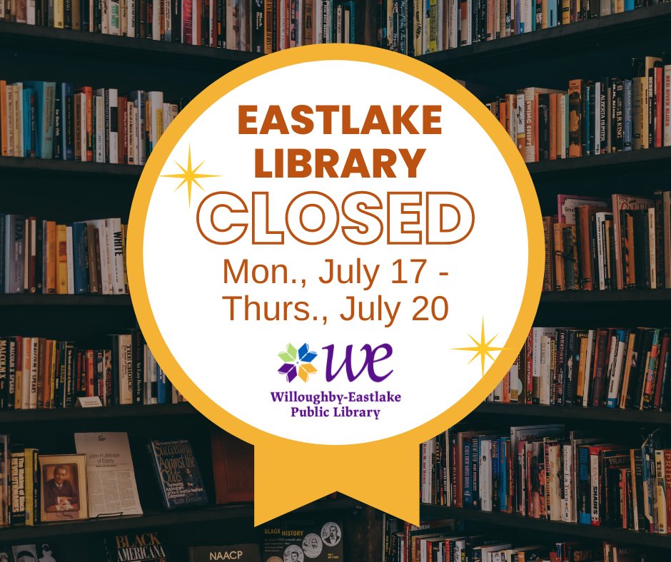 Our Eastlake Library will be closed for restocking Mon., July 17th to Thurs., July 20th. We appreciate your patience with this and the entire remodel, which is almost finished!