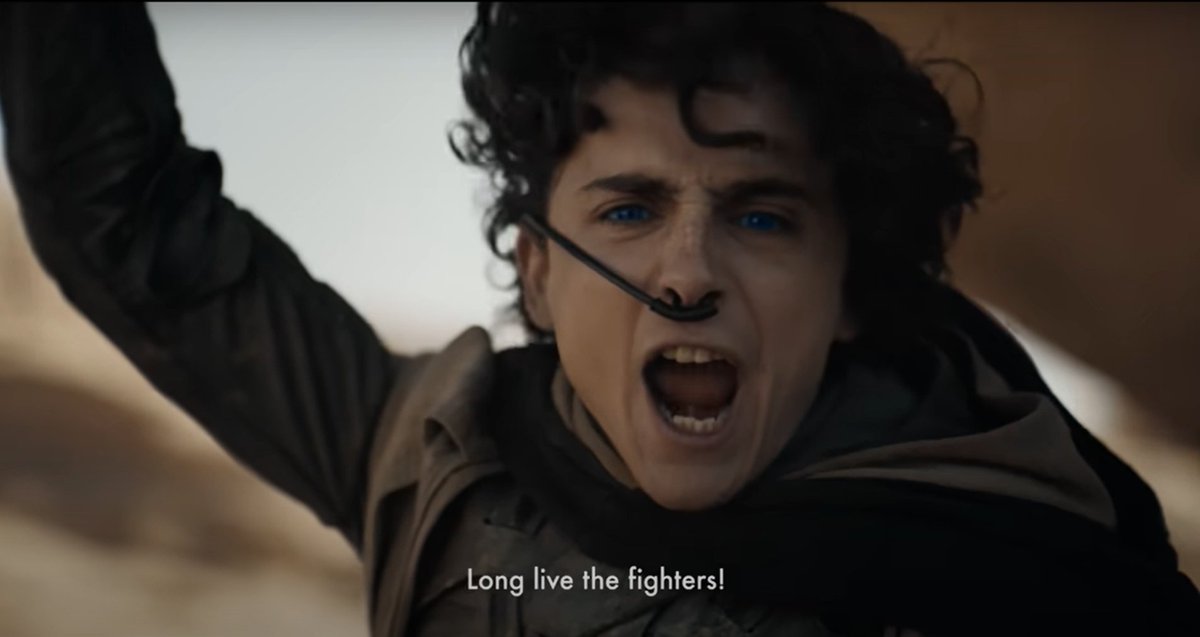 The DUNE 2 trailer. *Livid* abt the erasure. In the bk, 'Long live the fighters!' [lit. martyrs in Arabic] is 'Ya hya chouhada' - from Algerian war for independence against France. Film replaces it w (perhaps) gibberish. The audacity to parade this as the marketing tagline! 🧵
