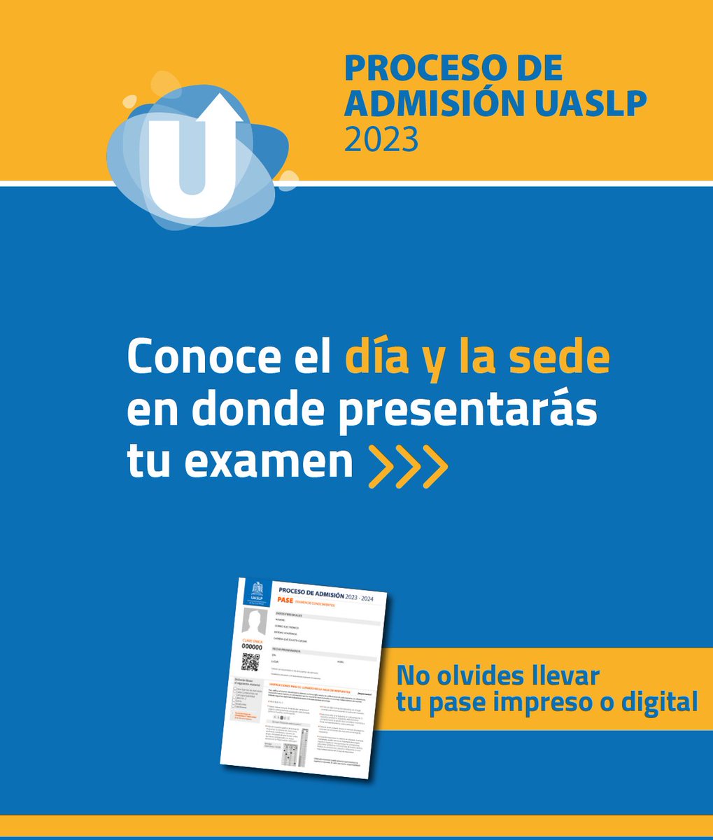 LaUASLP's tweet photo. 🟨 Atención aspirante inscrito en el Proceso de Admisión 2023-2024 de la #UASLP

👉 Revisa el día y la sede en que te corresponde presentar el examen de admisión.

👉 La información detallada estará en el PASE. 

#AdmisiónUASLP ✅  #ExamenDeAdmisiónUASLP ✍️ https://t.co/hu6m6gWhCz