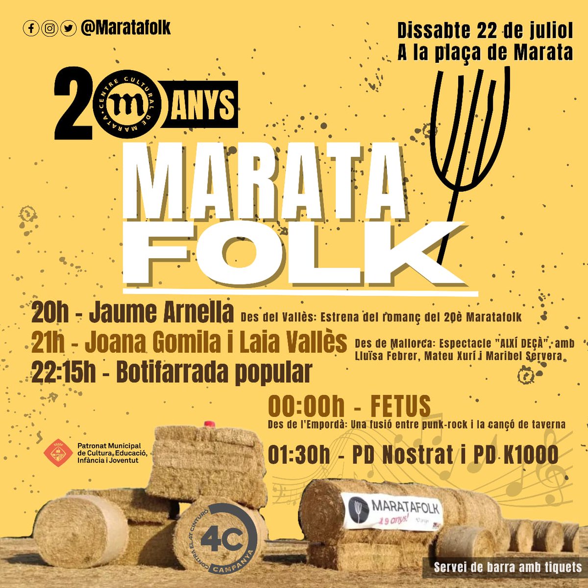 20 anys de Maratafolk!!!!
Ja tenim cartellàs a la vista amb en <a href="/jaumearnella/">jaume arnella</a> <a href="/joana_gomila/">Joana Gomila</a> <a href="/laiavall3s/">Laiavall3s</a> i <a href="/SomFetus/">Fetus</a>
El 22 de juliol us esperem a la plaça de Marata per celebrar els #20anysmaratafolk 💥