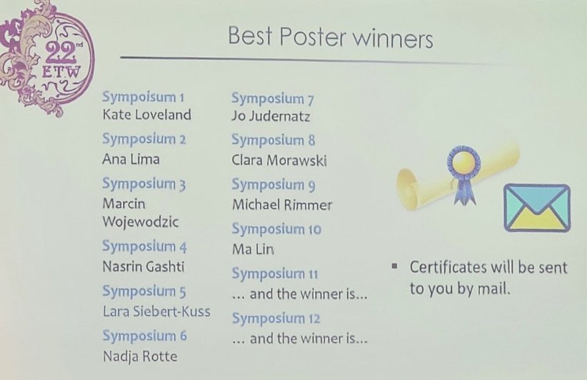 emcunnane's tweet photo. Big, belated congratulations to @GhanamiNasrin who won the Symposium 4 poster session at #ETW2023 last week!! It was a fantastic session with loads of amazing talks. Thanks to the organisers and judges. https://t.co/jpvv3RqJIg