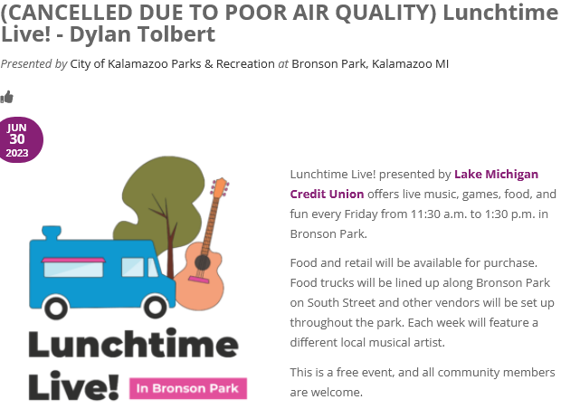 DowntownKazoo's tweet photo. Wow.  #KzooLTL in Bronson Park is cancelled today "DUE TO POOR AIR QUALITY" 🔥😶‍🌫️.

#KzooParks has also cancelled their free showing of the movie #TheBadGuys this evening at the Bank Street Farmers' Market. https://t.co/RQ4uPAcrRi