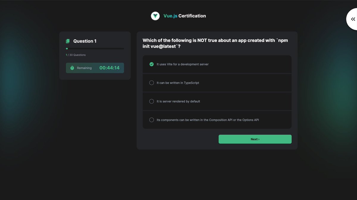 CertificatesDev's tweet image. With Beta Testing underway, how about an exclusive sneak peek of the examination process?
The examination is divided into 2 parts and lasts a total of 105 minutes.
Here is a sneak peek of Part 1: Multiple-Choice Questions.
Coming soon: Part 2!
#vuejs #vuejscertification