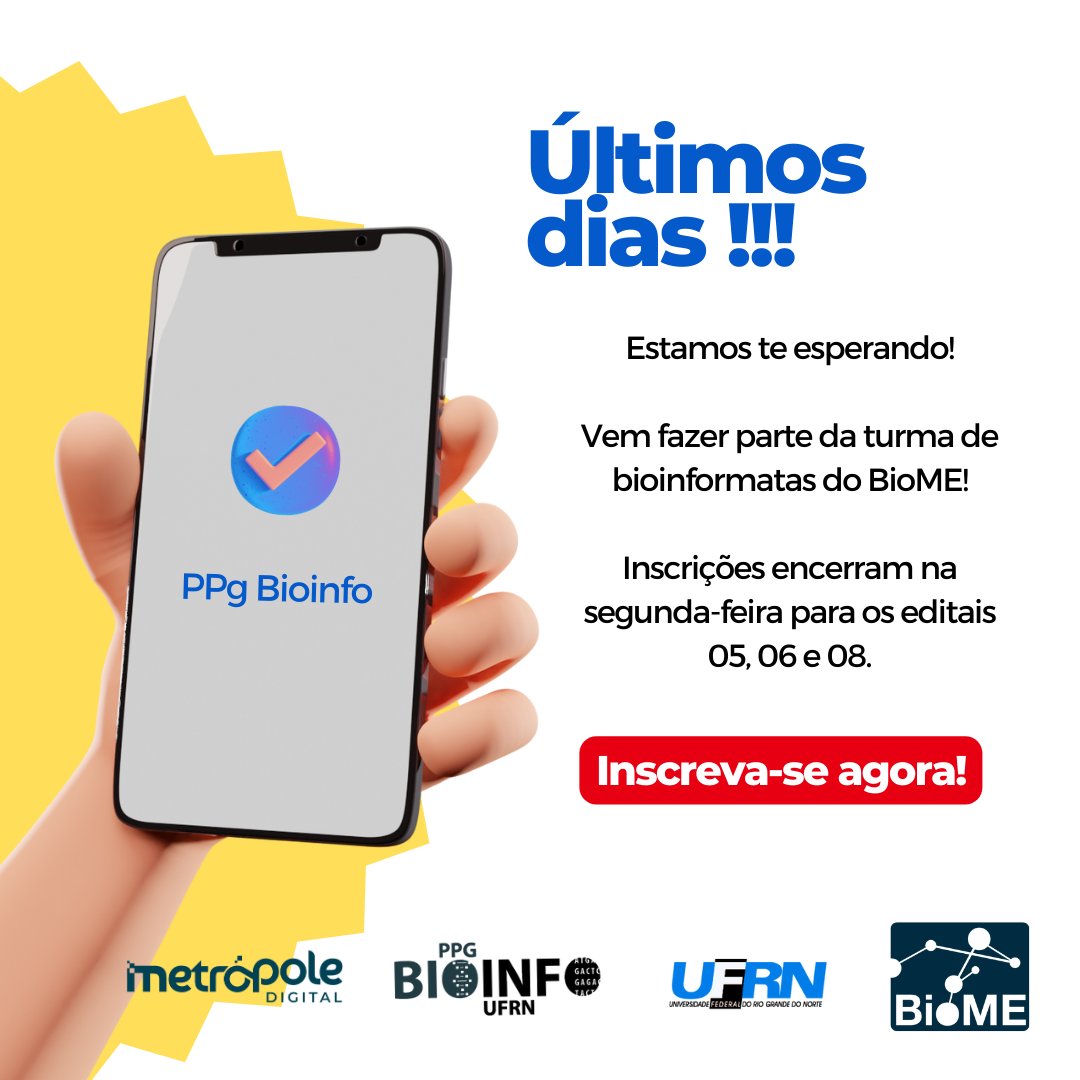 🏃🏿‍♀️🏃🏻🏃🏻‍♀️🏃🏿🏃🏼‍♀️
Cooorreeee que ainda dá tempo!

As inscrições para Doutorado-Ampla Concorrência e Mestrado e Doutorado-Pesquisador de empresas estão acabando!!!

As inscrições terminam na segunda, dia 03/07.

Acesse bioinfo.imd.ufrn.br 😉