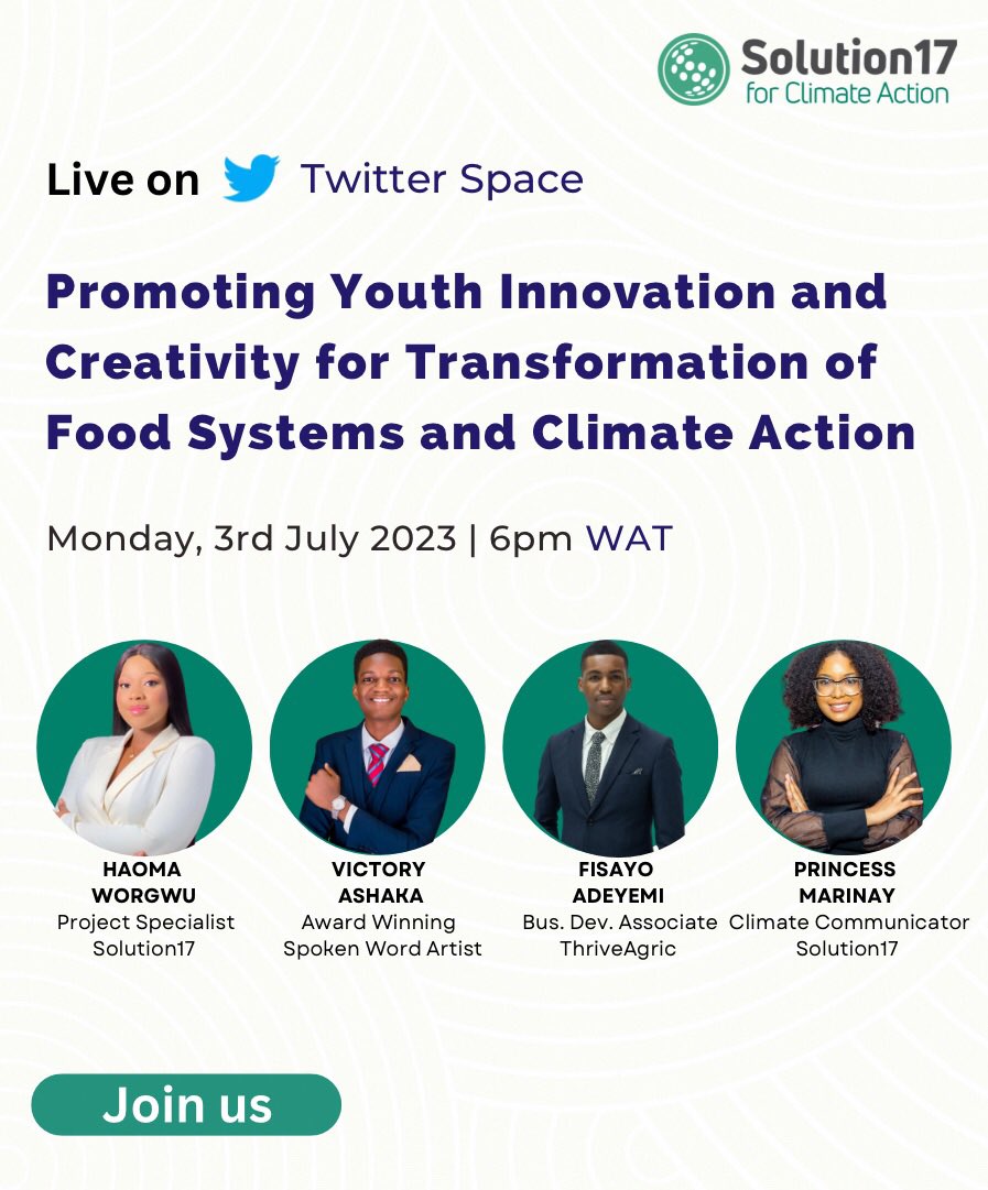 Solution17Green's tweet photo. πβοΈ Our discussion will revolve around how young Nigerian artists and writers can creatively contribute to raising awareness and driving positive change for a sustainable future. Set a reminder via the link in our pinned tweet. #WFF2023 #Solution17FoodAthon #WorldFoodForumWithLG https://t.co/hquyTa34c3
