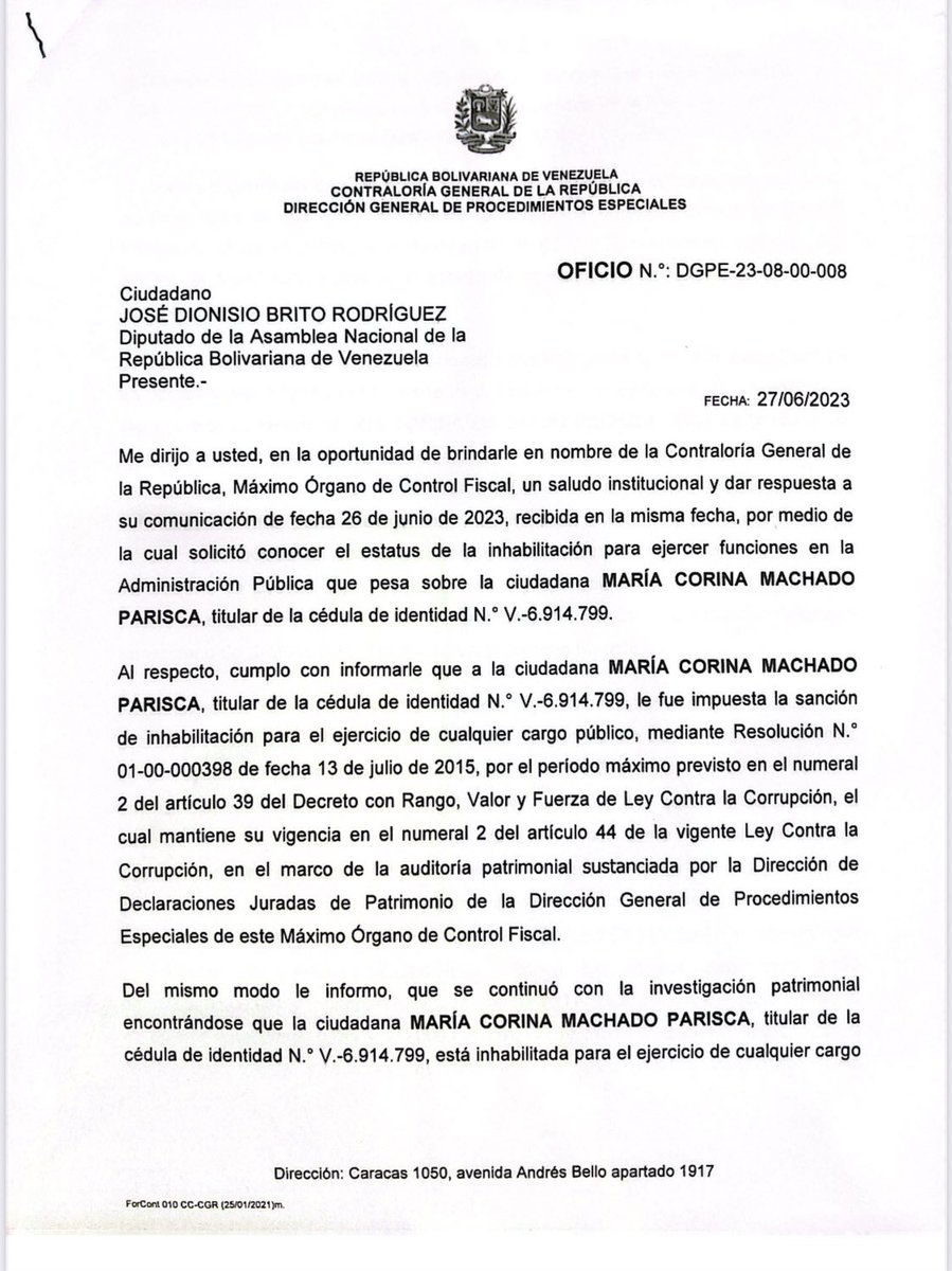 laprensave's tweet image. El diputado de la AN 2020, José Brito, anunció que María Corina Machado está inhabilitada por 15 años para el ejercicio de cualquier cargo público, según la repuesta que recibió de la Contraloría General de la República.
#noticias #noticiasvenezuela #mariacorina